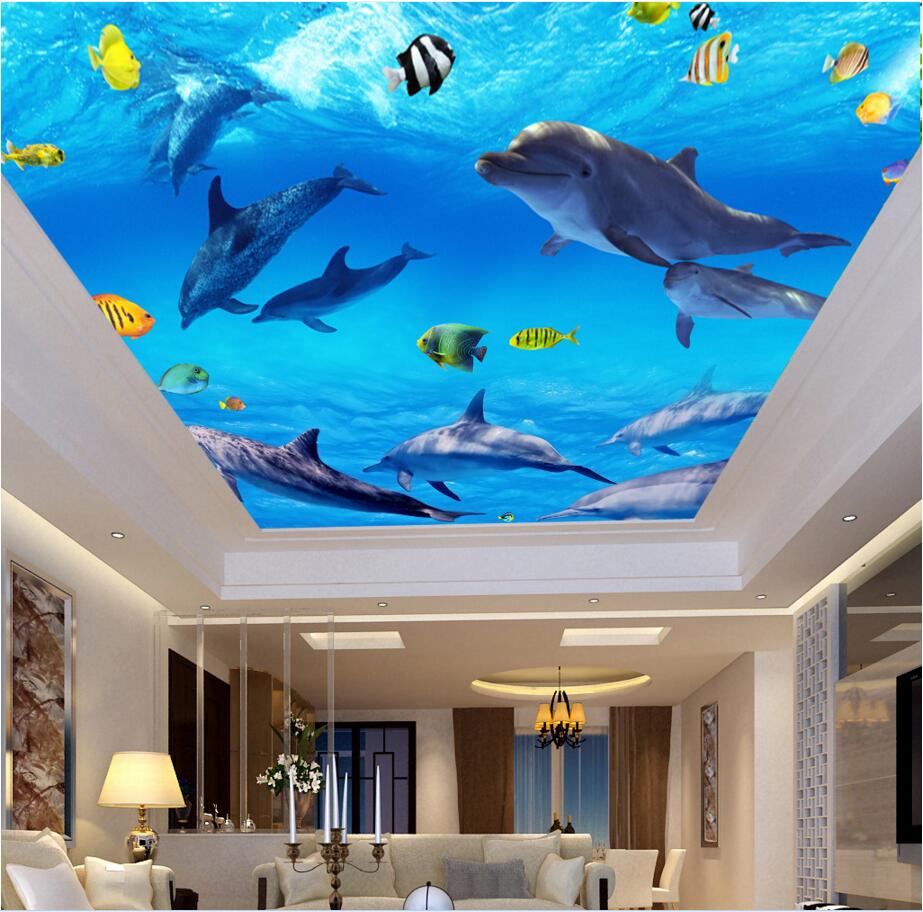 

WDBH 3d ceiling mural wallpaper custom photo Blue ocean dolphins fish living room painting home decor 3d wall murals wallpaper for walls 3 d, Non-woven