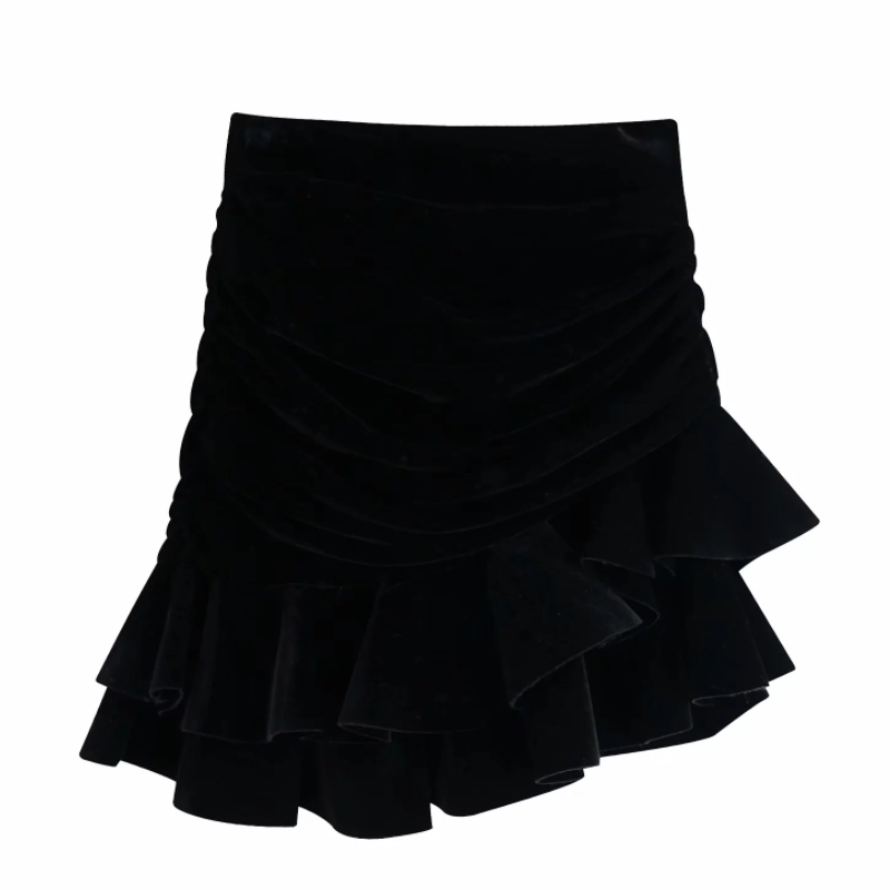 

Flabbit Women summer Cascade Ruffle solid color Pleated Mini skirt ladies Asymmetrical Back zipper black casual skirts QUN584, As pic qun584bb