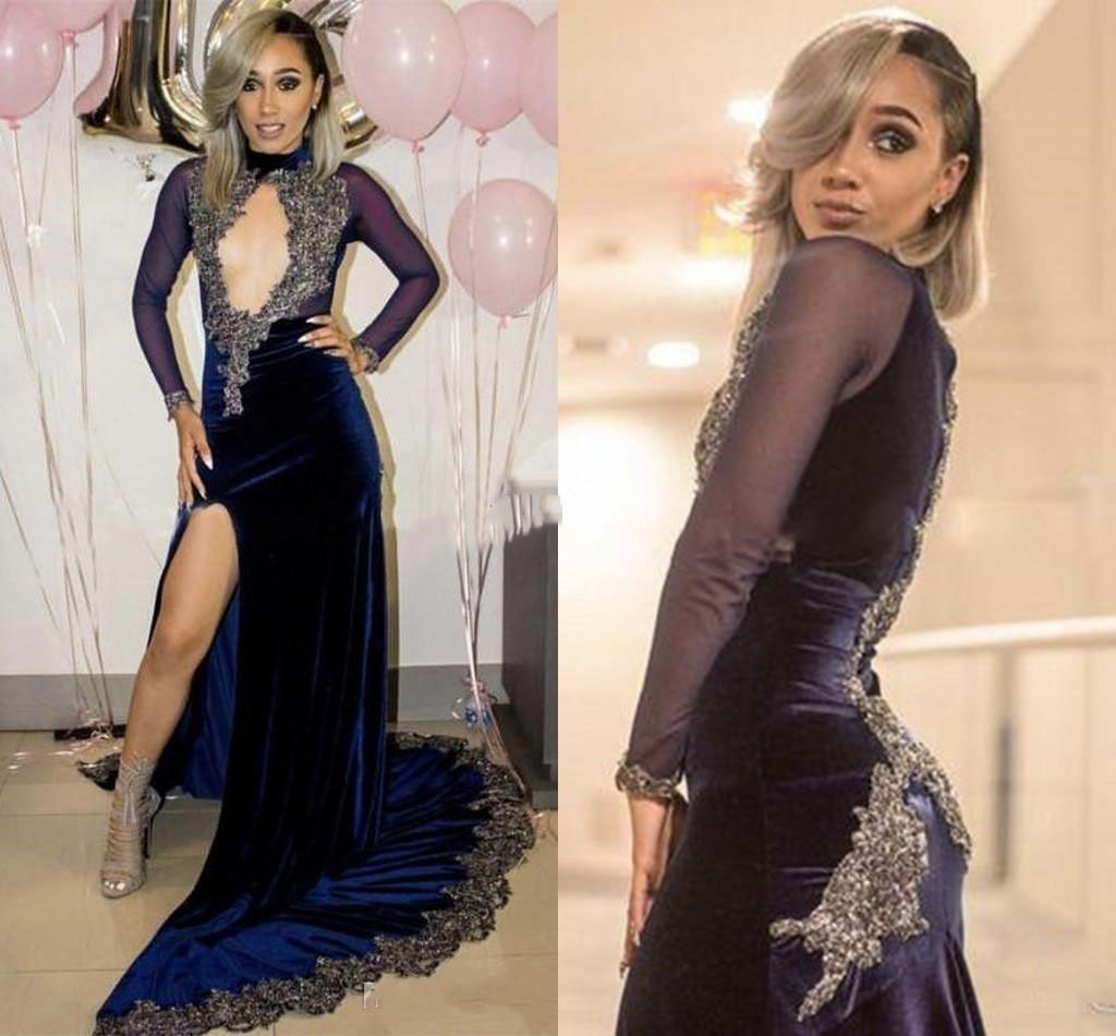 

Dark Navy Velvet Mermaid Prom Dresses High Neck Long Sleeve Side Split Crystal Beads Formal Evening Gowns vestidos de fiesta Plus Size, Chocolate