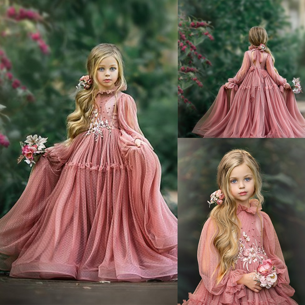 Pink Flower Girl Dresses High-neck Long Sleeve Appliqued Lace Beaded First Communion Dress Tiered Sweep Train Tulle Hollow Pageant Gown