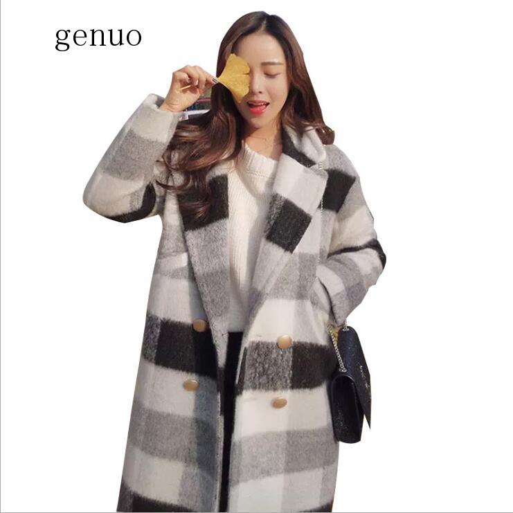 

2020 New Autumn Winter Cashmere Trench Jacket Women Casual Black White Plaid Coat Thickness Warm Button Pocket Jackets, Gray