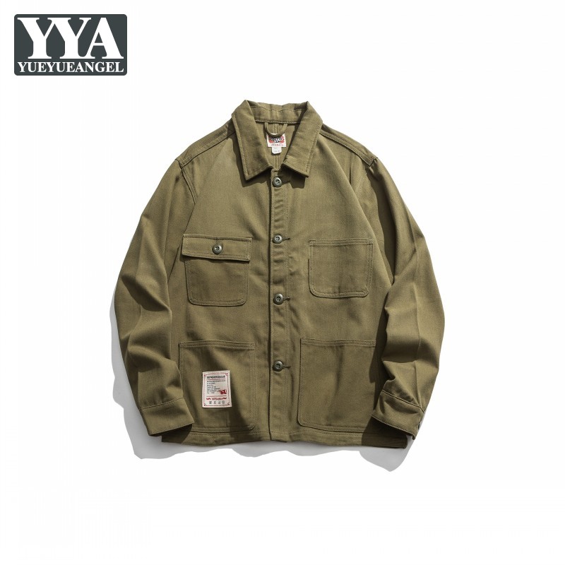 

Mens Japanese Streetwear Vintage Pocket Cargo Jackets Casual Loose Windbreakers Spring Male Long Sleeve Cotton Overalls Jacket, Blue