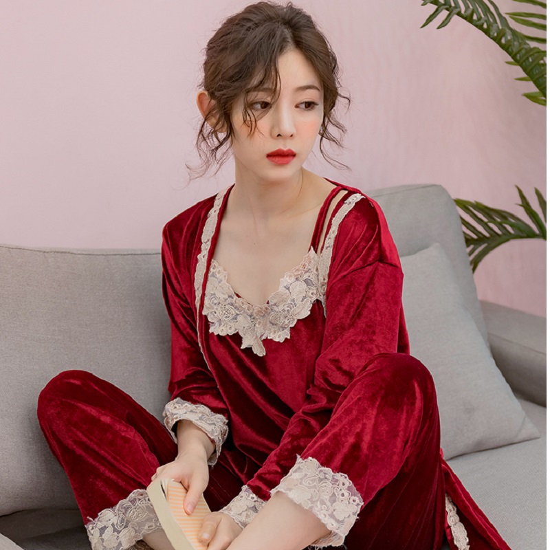 

Autumn Winter Pajama Sets Women Pure Coulour 3 Pieces Set Gold Velvet Long Sleeve Coat Pyjamas Women's Sleepwear Pijamas Sets