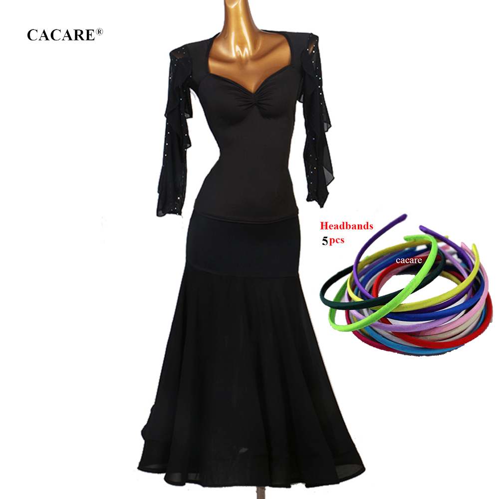 

Ballroom Waltz Dresses Dance Competition Dress Standard Dance Dresses Shirt Skirt Set Dancing Outfits D0459 Mesh Sleeve Rhinestons Big Hem, Black