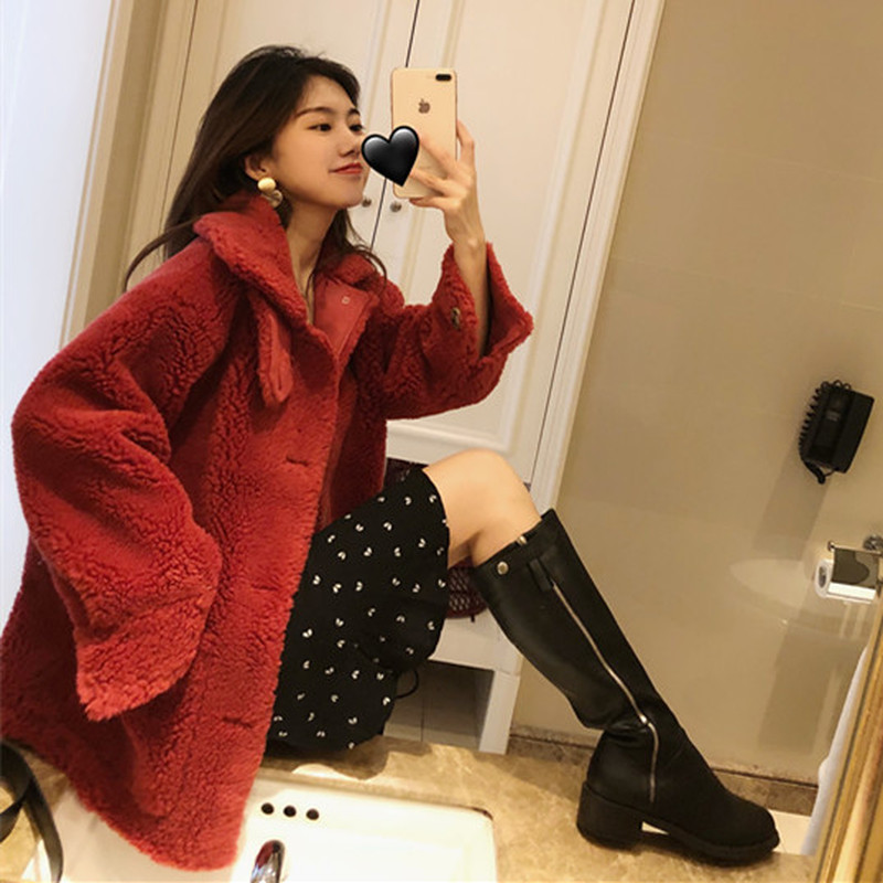 

Korean Real Cute Women Warm Woolen Coat Autumn Winter Sheep Fur Jacket Casual Abrigos Mujer Invierno 2020 YY656, Red