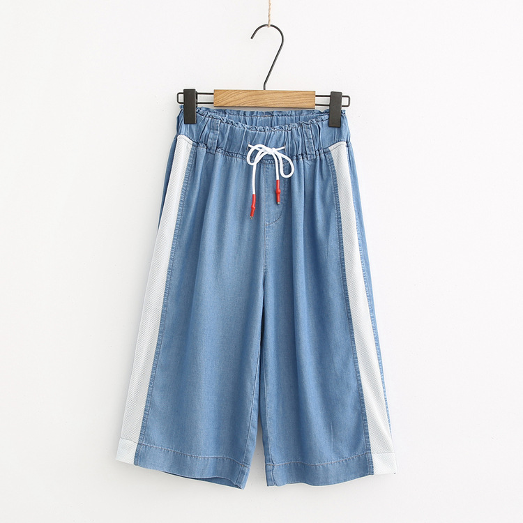 

Women Trousers 2019 Summer Fashion Lyocell Jeans Casual Elastic High Waist Lace Calf length Pants Denim Wide leg pants, Blue