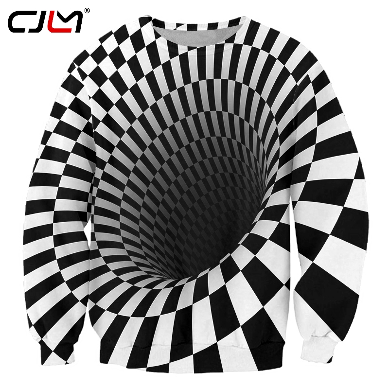 

CJLM Man Hiphop Streetwear Long Sleeve Crewneck Pullovers New Fashion Wormhole Print Black White Grid 3D Sweatshirts Hoodies