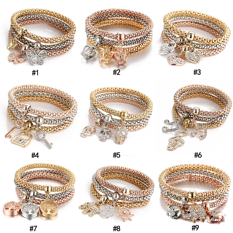 

3pcs/set Crystal Owl Crown Heart Bracelets Rhinestone Elephant Skull Music notes butterfly Key lock Tree of life Charm Bangle Jewelry