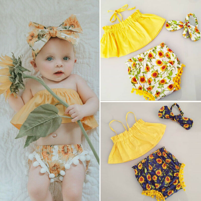

Summer 3Pcs Newborn Infant Baby Girl Outfits Yellow Clothes Off Shoulder Tops Sunflower Shorts Headband Set, Blue
