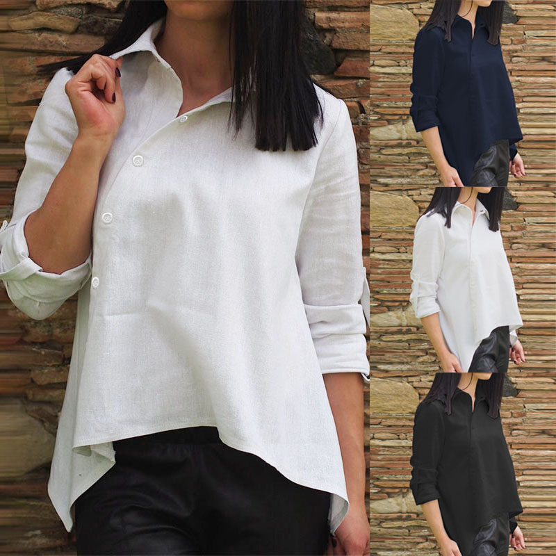 

ZANZEA Office Lady Work Tunic Tops 2019 Fashion Women Cotton Solid Shirt Asymmetrical Buttons Blusas Chemiser Mujer Plus Size, Black