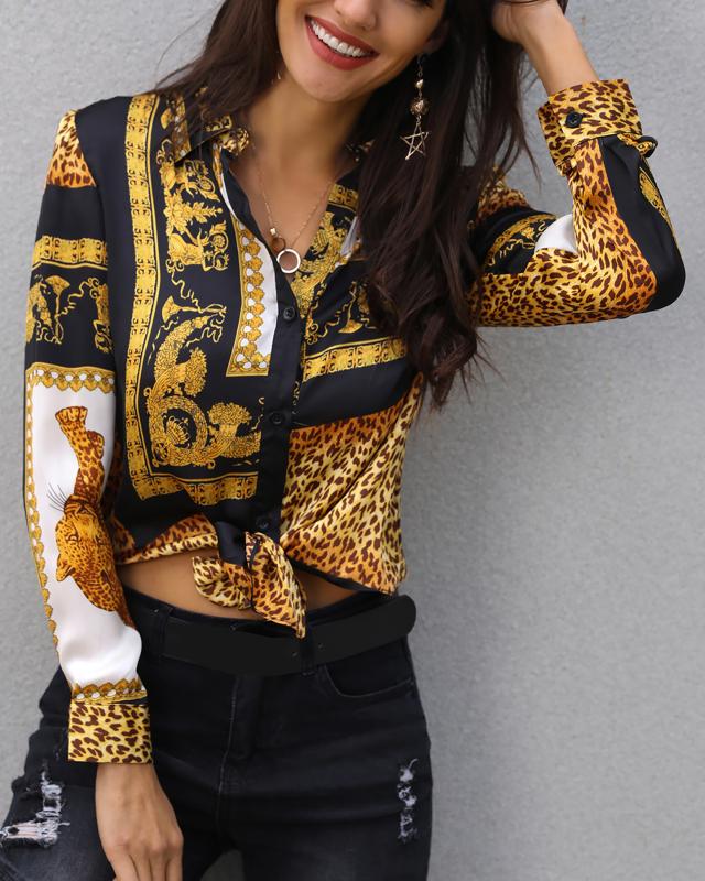 

2020 Women Elegant Party Clubwear Loose Button Shirt Turn-down Collar Female Leopard Print Knot Front Long Sleeve Blouse, Yellow