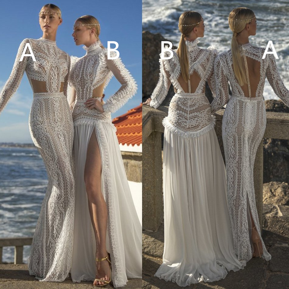 

Charchy 2020 Beach Wedding Dresses High Neck Long Sleeve Lace Appliqued Bridal Gowns Vestidos De Novia Illusion Beach Wedding Dress, Light sky blue