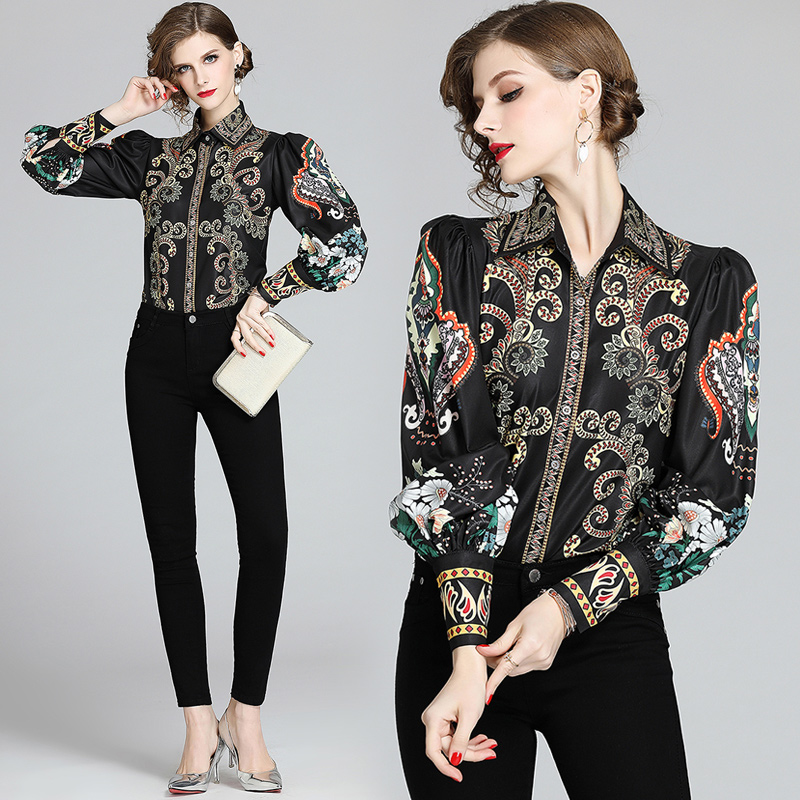 

Classic Luxury Spring Fall Runway Retro Court Print Collar Womens Shirts Tops Casual Office Ladies Button Turndown Neck Long Sleeve Blouses, Customize