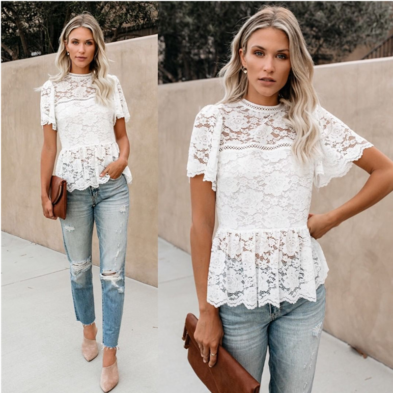 

Women' Fashion Lightweight Short Flowy Sleeves Glam white Lace Peplum Top, Black