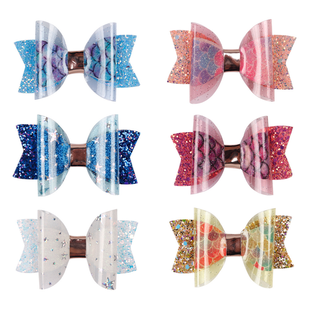 

6-color 3.0inch Hair bows Gretel Mermaid Design butterfly clippers Christmas Brillant hair Bows Girls Hair Accessory Barrettes, As pic/10g /3inch