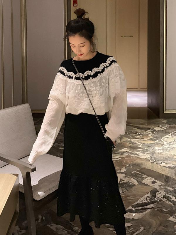 

Knitted Sweater Women's 2020 Winter New Korean Ruffel Lace Stitched Sleeve Sweater Loose Long-sleeved White Top, Black