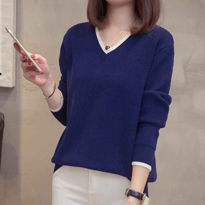 

plus size v neck pullovers sweaters 2020 autumn winter clothes splice color ladies knitted tops oversized streetwear jumper 4xl, Navy blue