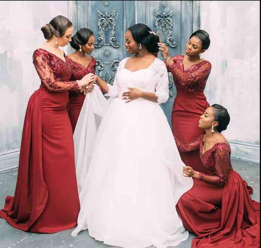 

2020 Burgundy V Neck Satin Mermaid Bridesmaid Dresses Long Sleeves Lace Floor Length Plus Size Formal Wedding Guest Maid of Honor Gowns