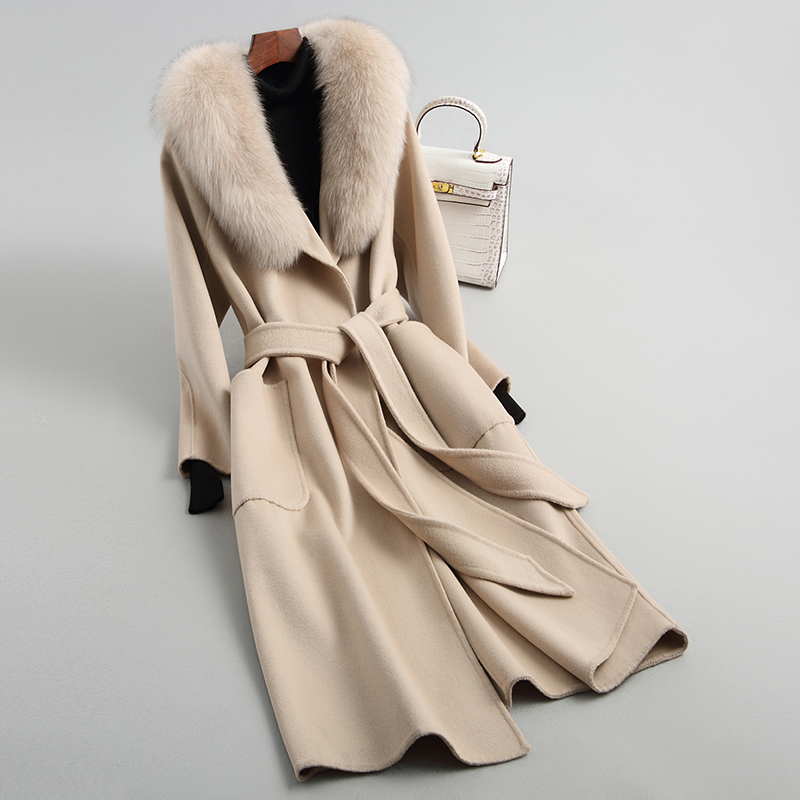 

300% Wool Coat Women Natural Fur Collar Long Slim Coats With Belt Autumn Winter Female Jacket 2020 JH37396, Beige