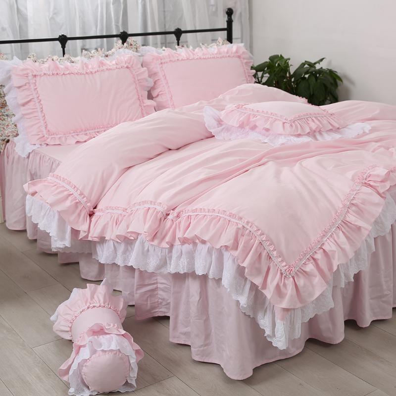 

Amazing bedding set pink queen size embroidery ruffle lace double duvet cover bedskirt princess Warm pillow case HM-17P, As pic