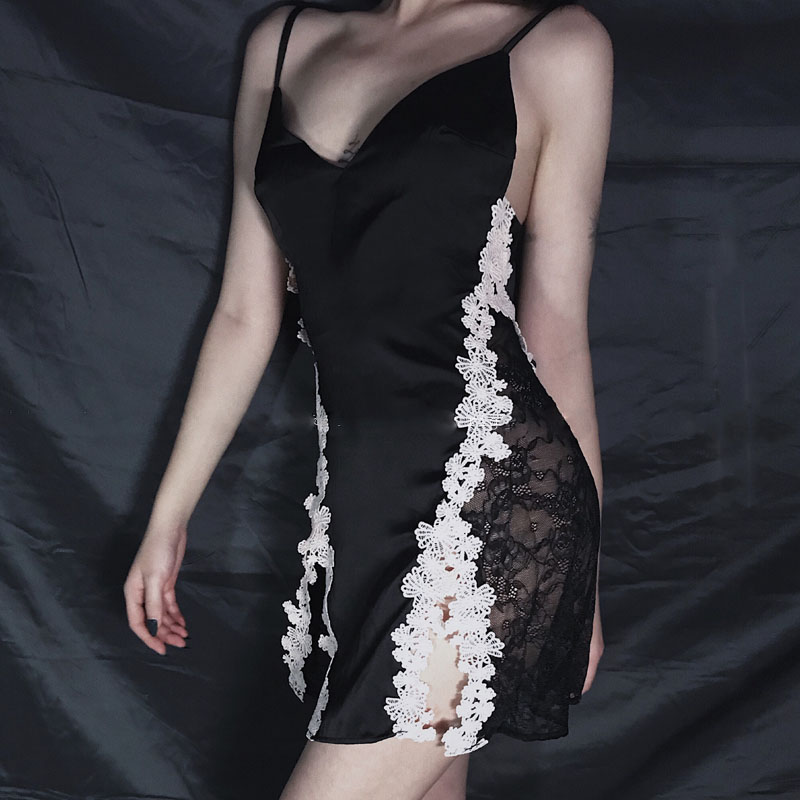 

French Sexy Lingerie Women's Nightdress Water Soluble Flower Embroidered Nightgown Slit Temptation Backless Strapped Dress, Black