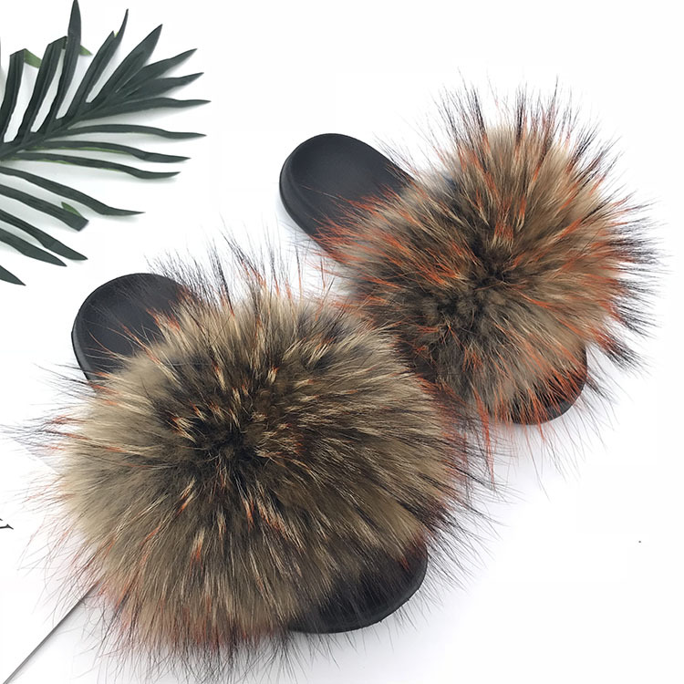 

Real Raccoon Fur Slippers Women 2018 Sliders Casual Hair Flat Fluffy Fashion Home Summer Big Size 45 Furry Flip Flops Shoes, 26