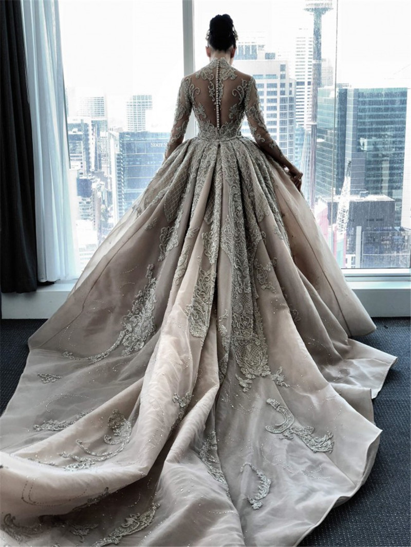 

Luxury Crystal Beaded High Neck Mermaid Wedding Dresses With Detachable Train Sexy Plus Size Long Sleeves Arabic Mulslim Bridal Gown, Pink