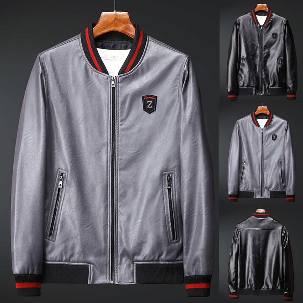 

Mens Casual Jackets Coats Men's Autumn Casual Fashion Jackets Mens Zipper Patchwork Thin Imitation Leather Jacket Coat jaqueta, Black