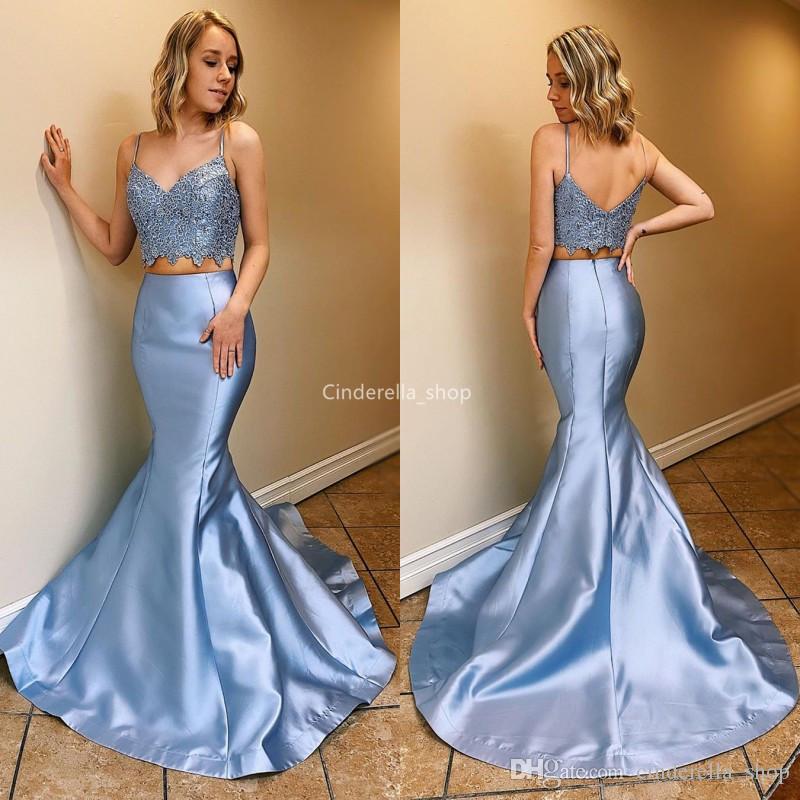 

Chic Two Pieces Mermaid Prom Dresses Spaghetti Lace Appliques Fitted Arabic Dubai Graduation Evening Party Gowns Vestidos De Gala, Ivory