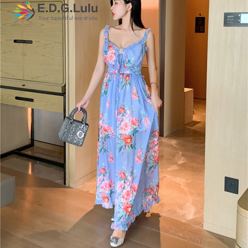 

EDGLuLu Jumpsuits For Women 2020 Sexy Summer Beach Printed Rompers Casual Sleeveless Fashion Jumpsuits Ladies 0505, Blue