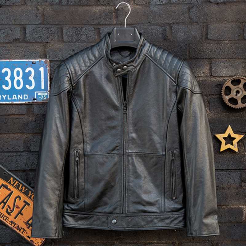 

Leather Autumn Genuine jacket men Cowhide Motorcycle clothing Fashion youth style Black Stand collar Slim fit Short Winter coat