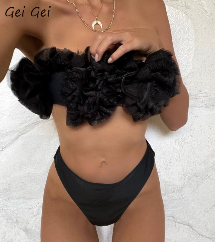 

2020 sexy wrapped chest black bikini swimsuit women gathered bra mesh Brazil beach biquini suit 2-piece beach sports swimwear