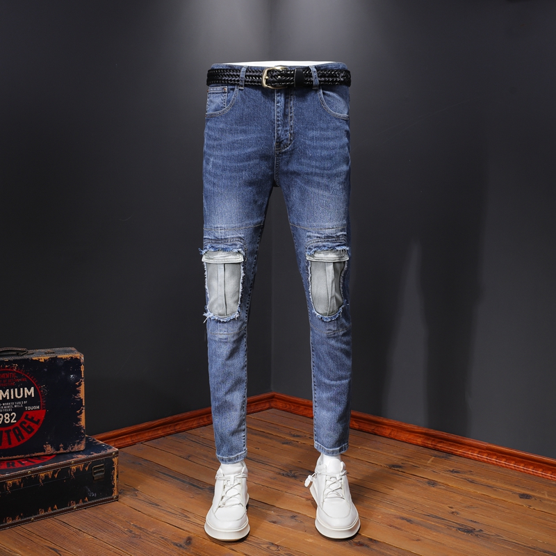 

New Fashion Men's Jeans Knee Patchwork Trousers Summer Casual Blue Thin Slim Pencil Pants
