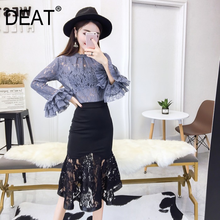 

DEAT 2020 new summer fashion round neck flare sleeves lace hollow out slim shirt and turmpet slim sexy skirt female set WL56500L, White