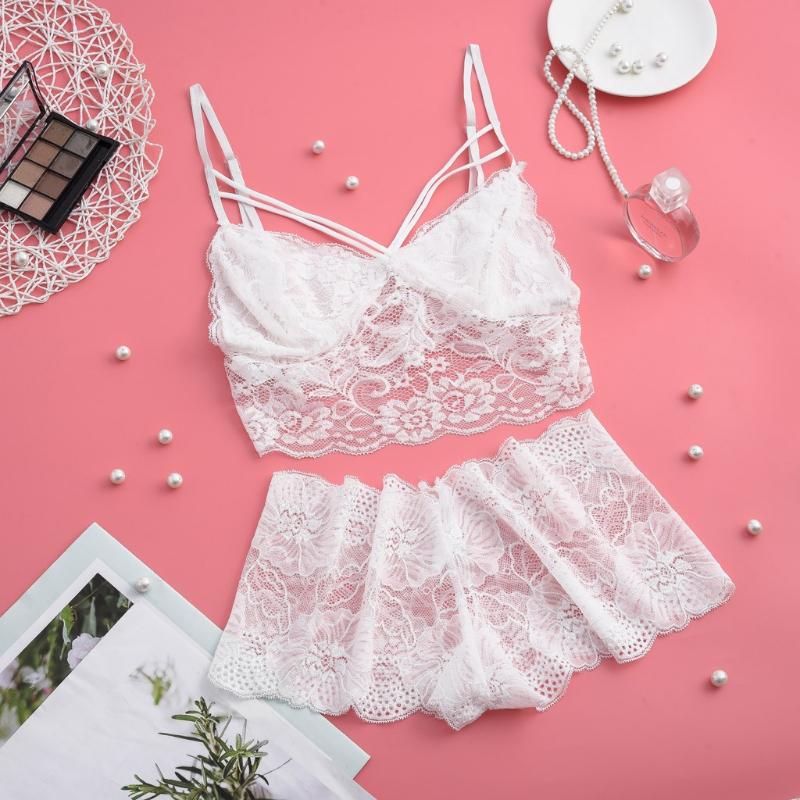 

Plus Size Sexy Sleepwear Women New Fashion Lace Lingerie Female Sleeveless Solid Pajama Set Summer Home Wear Sleep Wear For Girl