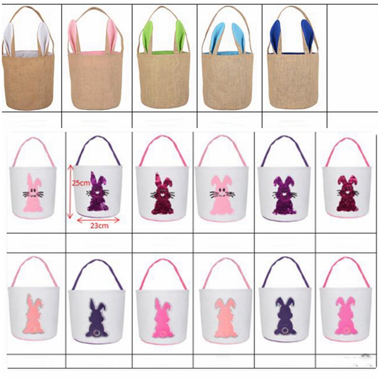 GWELL 4 PCS Foldable Gift Basket Bucket for Kids Egg Hunt Easter Bunny Basket Goodies Canvas Bag with Bunny Tail Pompom Candies DIY Gifts