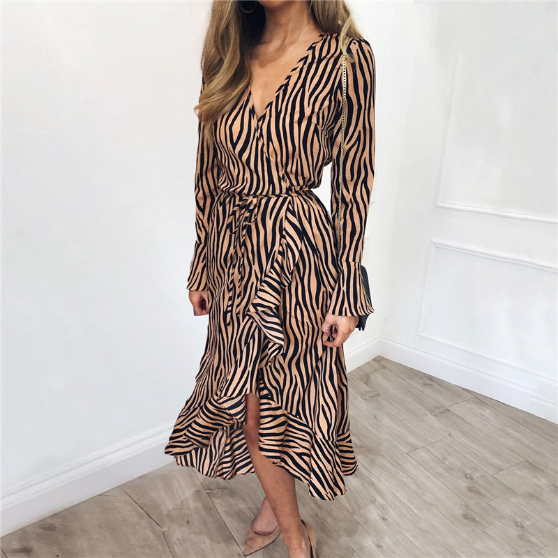 Robes longues d'été 2019 femmes imprimé zèbre plage robe en mousseline de soie décontracté à manches longues col en V volants élégant robe de soi
