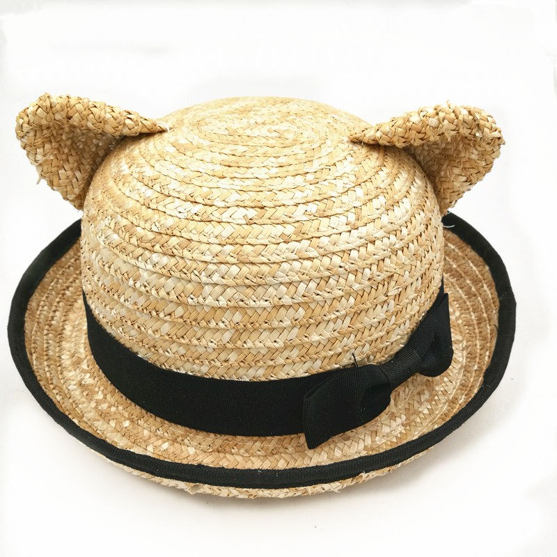 Summer Cat Ears Straw Sun Hat with Bow for Women Hand-Woven Solid Beach Cap Uv Protection Sunhat,Kids 54cm