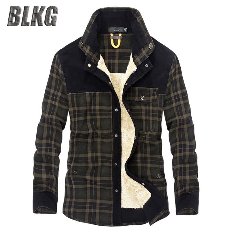 

BLKG Shirt Men Casual Shirts Fleece Warm Velvet Long Sleeves Pure Cotton Plaid Shirt Turn Down Collar Plus Size -4XL, Coffee