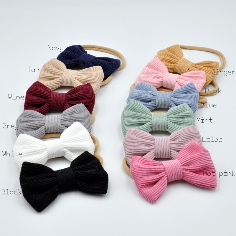 

Corduroy Fabric Bow Headbands Soft Nylon Hair Band Handmade Hair Bows For Baby Infant Hair Accessory 12pcs/lot, Slivery;white