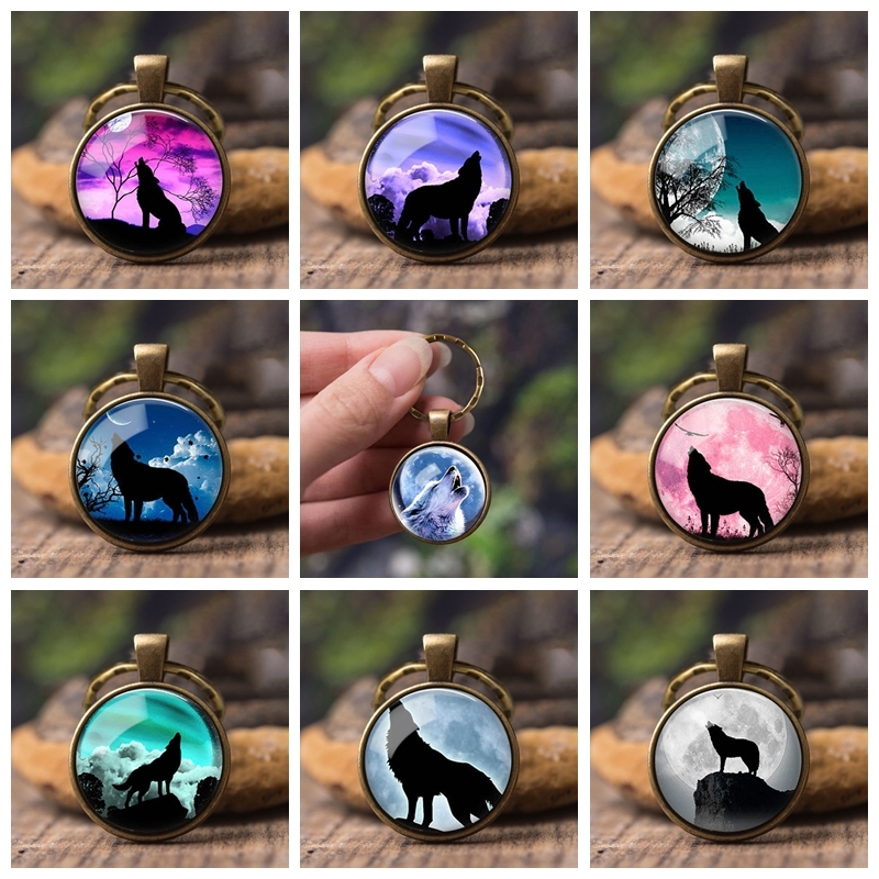 

Aggressive Wolf Glass Cabochon Metal Keychain Wolf Key Chains Ring Wolf Jewelry Fashion Accessories Pendant Women Men Gift