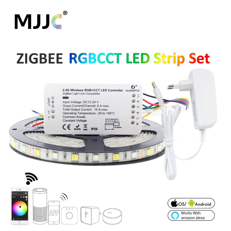 

Zigbee RGBCCT LED Strip Light Smart Waterproof SMD 5050 12V 5M LED Stripe Tape Ribbon ZLL Link Controller Work with Alexa Echo