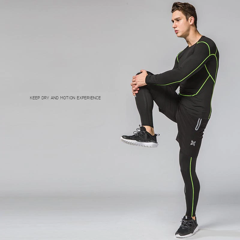 

3PCS Compression Quick Dry Tight Tracksuit Men Training Fitness Long Sleeve Shirt Pants Male O-Neck Gym Running Set Sport Outdoor Apparel, Black