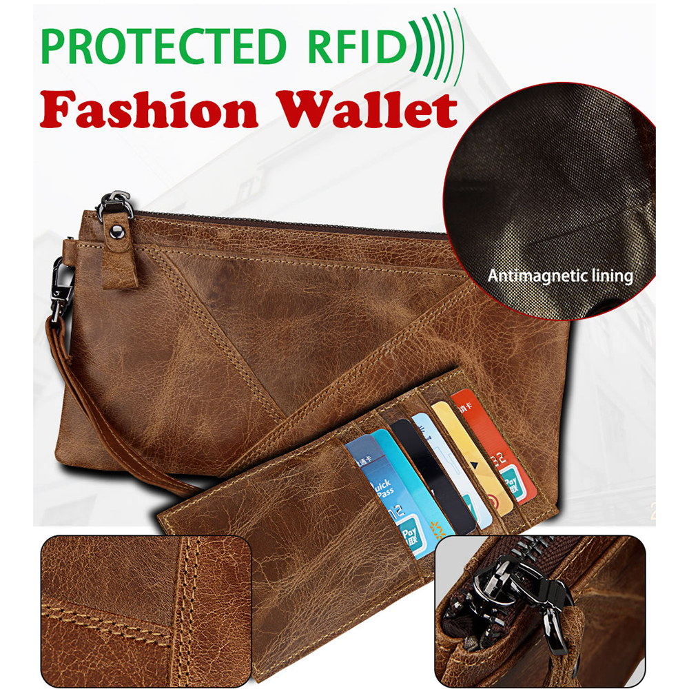 

Genuine Leather Men Long Wristlets Clutch Wallets Zipper Purses Anti-theft Brush Cards Holder Pouches Banknote Pocket Organizer Bag Handbag, 2 colors for choice