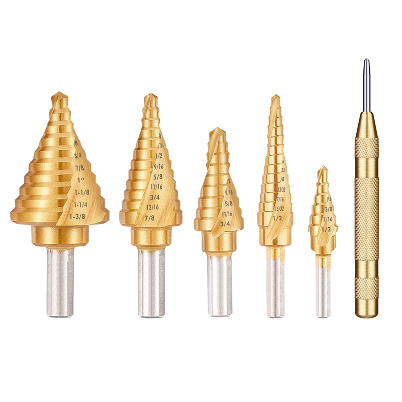 

5PCS Titanium Spiral Grooved Step Drill Bit Set with Automatic Center Punch Unibit Drill Bits Set for Sheet Metal with Aluminum