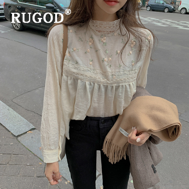 

RUGOD Elegant Lace Top White Shirt Embroidery Tunika For Women Blouses Long Sleeve Boho Chic Korean Fashion Clothing Half Collar, Beige