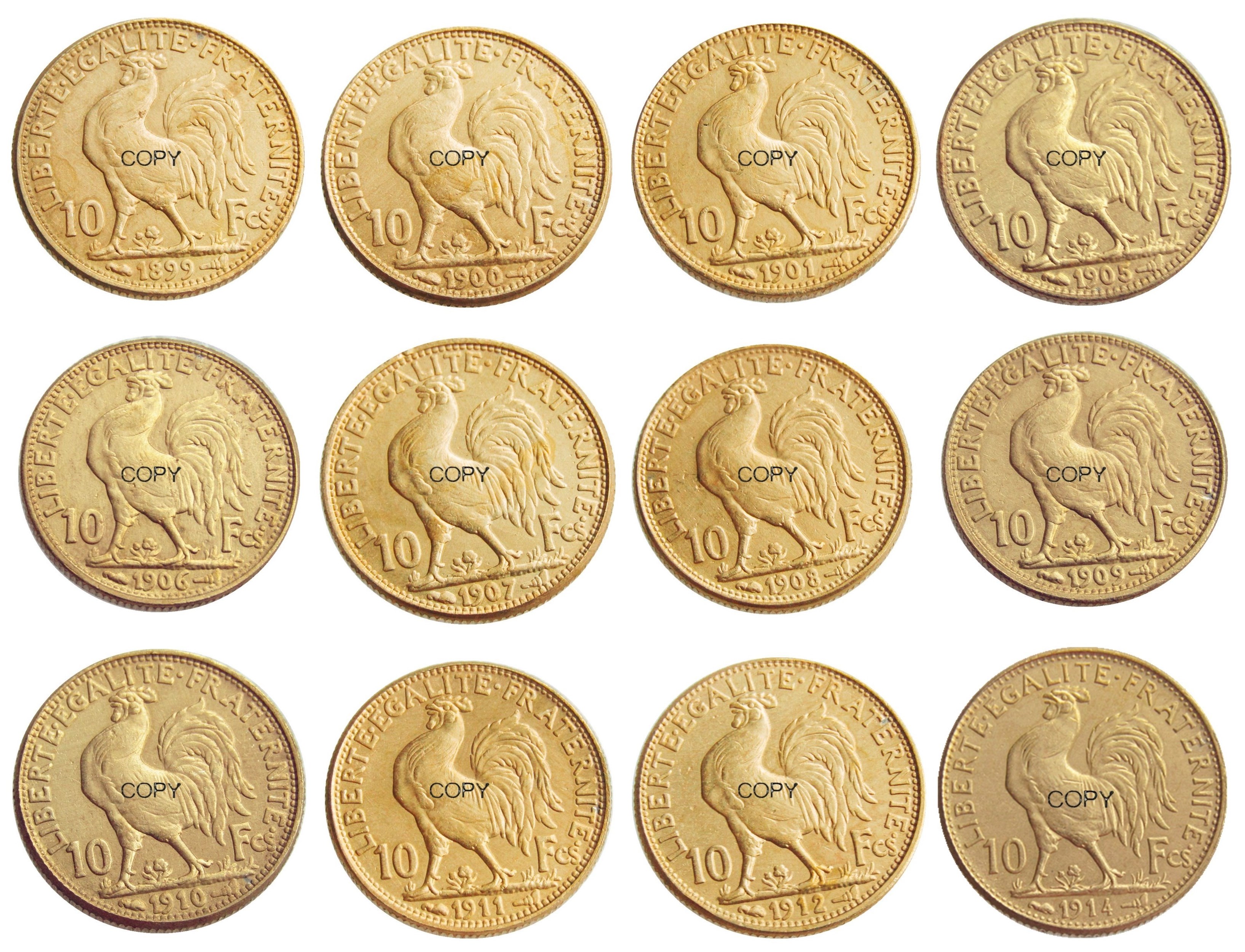 

France 10 Francs Full set(1899-1914) 14pcs Rooster Gold Copy Coin Craft Ornaments replica coins home decoration accessories