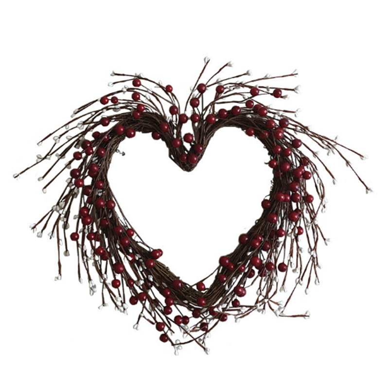 

Simulation Berry Large Heart-Shaped Garland Rattan Wreath Valentine's Day Wall Hanging Wedding Decoration 40 cm, Red