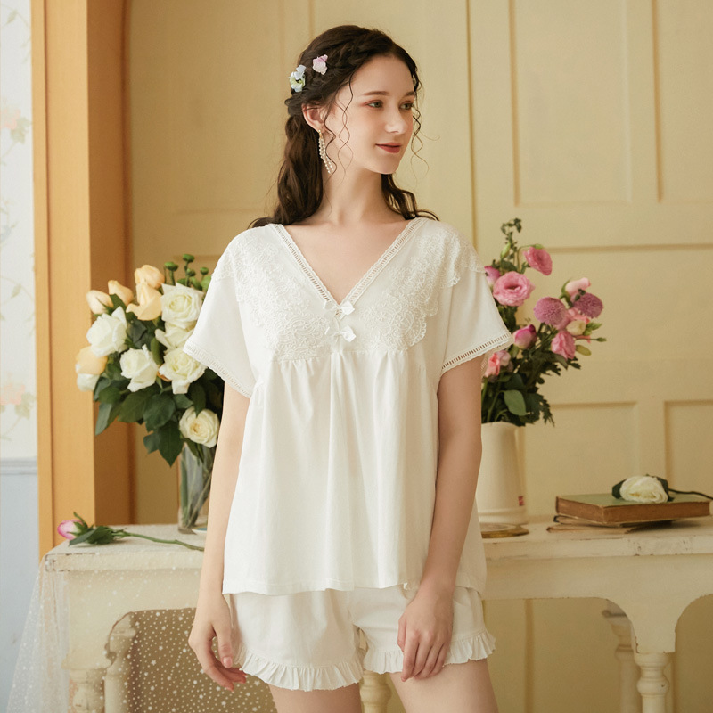 

Pure Cotton Short-sleeved V-neck Shorts Pajamas Suit Women's Summer Retro Homewear Loose Style Princess Pijama Seda, White
