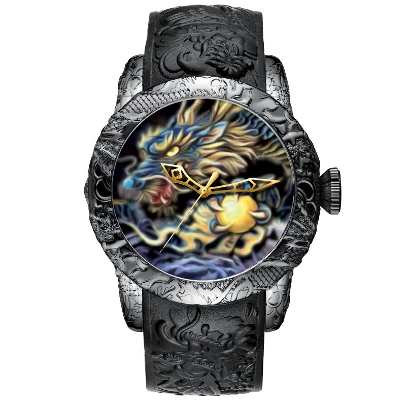 

MEGALITH Fashion Dragon Sculpture Watch Men Waterproof Big Dial Quartz Watch Emboss Men Top Clock 8041, Black rubber